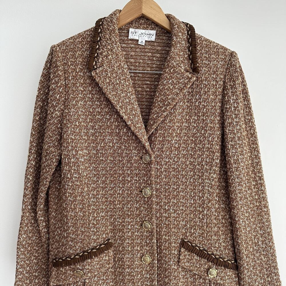 St John Tweed Blazer Jacket 12 Brown Textured Knit Gold Button Fringe Jacket - Picture 2 of 11